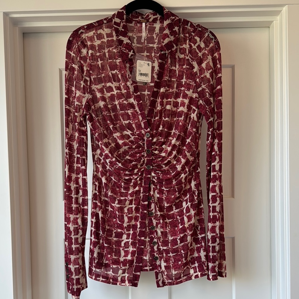 Free People Red and White Ruched Long Sleeve Blouse